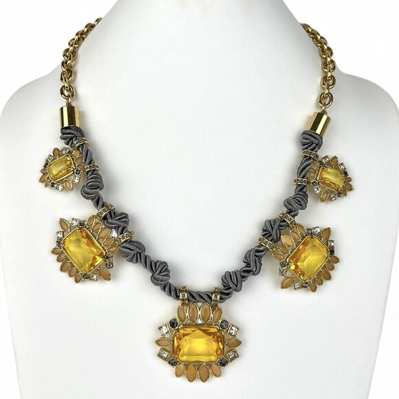 Ann Taylor Necklace Large Yellow Rhinestones Gray Twisted Satin Rope Gold Tone - Picture 5 of 10
